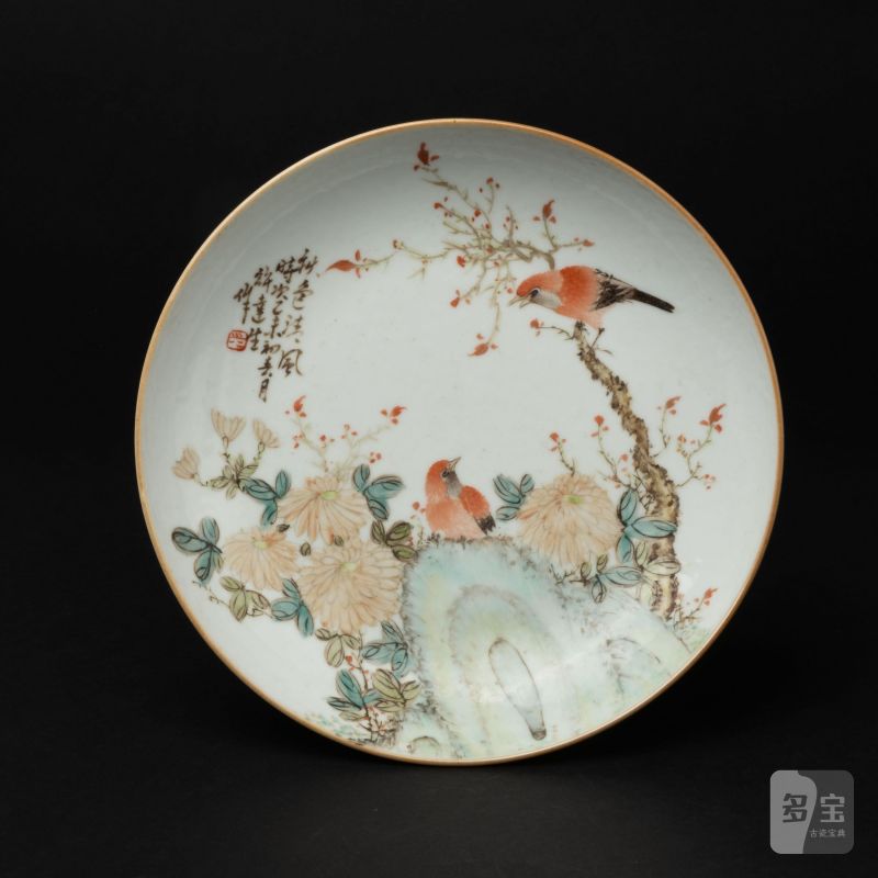    清 錦繪花鳥紋詩文皿 - 图5